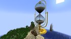 A cracked hourglass spilling sand onto a beach with a shipwreck